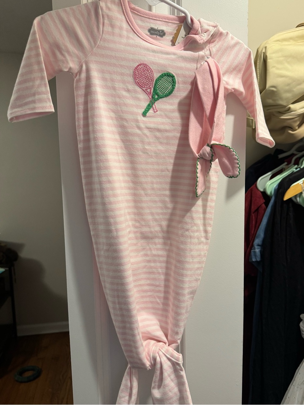 Mud Pie Pink Striped Baby Gown with Tennis Racket Appliqué